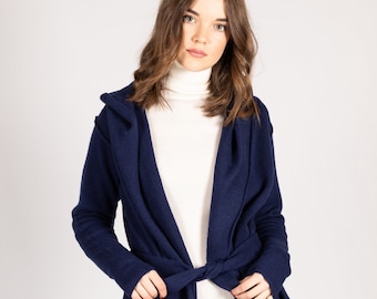 READY TO SHIP - M - Navy Blue Wool Hooded Cardigan, Wool Sweater, Long Knit Sweater Coat, Wrap Belted Knit Jacket, Women’s Knitwear
