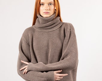 Brown merino wool loose fit jumper in pearl rib knit and detachable collar in rib knit pattern