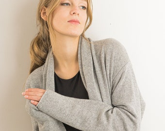 Long Cashmere Cardigan with Belt, Shawl Collar Knit Duster, Grey Belted Sweater Coat, Open Front Longline Jacket, Wool Coatigan with Pockets