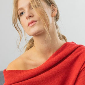 Red Off the Shoulder 100% Cashmere Sweater Cowl Neck Jumper, Drop Shoulder Pullover for Chic Winter Style, Perfect Gift for Her image 3