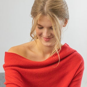 Red Off the Shoulder 100% Cashmere Sweater Cowl Neck Jumper, Drop Shoulder Pullover for Chic Winter Style, Perfect Gift for Her image 2