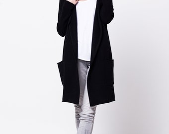 Cardigan à capuche ouvert sur le devant, pull à capuche en cachemire, cardigan long avec poches, vêtements minimalistes pour femme