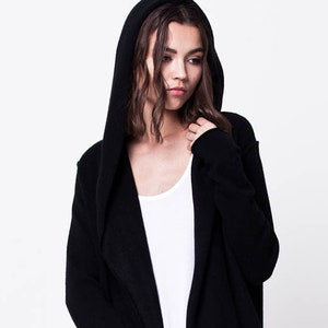 Cashmere Cardigan Sweater, Black Long Knitted Cashmere Wrap, Womens Hooded Open Front Knit, Cashmere Wool Cardigan with Pockets for Ladies image 7