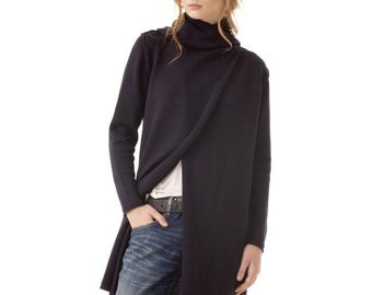 Cardigan lungo con cappuccio, cardigan in lana merino al 100%, maglione lavorato a maglia nero aperto sul davanti, cardigan nero estivo da donna con cappuccio