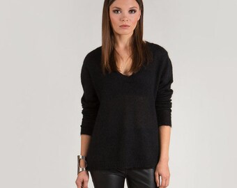 Pull en mohair, pull en mohair, pull à col en v, pull en mohair pour femme, pull en mohair noir, pull ample, pull noir,