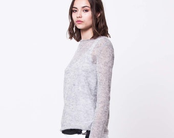 Grey sweater - S size - Mohair Crew Neck Sweater, Loose Fit, Raw Hems