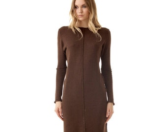 knitted dress, merino wool dress, wool dress, merino dress, knit dress, brown dress, knitted dress woman, brown merino dress, clean chic