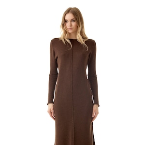 knitted dress, merino wool dress, wool dress, merino dress, knit dress, brown dress, knitted dress woman, brown merino dress, clean chic image 1