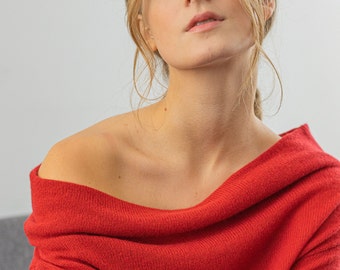 Jersey de talla grande con hombros descubiertos, jersey ligero 100 % cachemir con hombros descubiertos: jersey de punto rojo con cuello vuelto.