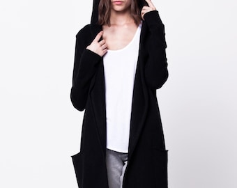 READY to SHIP - XS - Long Black Cardigan, 100% Cashmere, Hooded Cardigan Women, Belted Cardigan, Cozy Black Hoodie, Long Knit Sweater