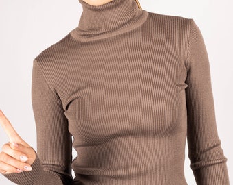 Wool Turtleneck Sweater - S size - 100% Merino Ribbed Turtleneck Jumper: Taupe Brown High-Neck Pullover