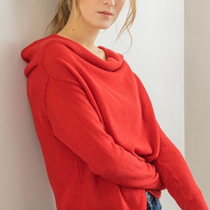 Red Off the Shoulder 100% Cashmere Sweater Cowl Neck Jumper, Drop Shoulder Pullover for Chic Winter Style, Perfect Gift for Her image 5