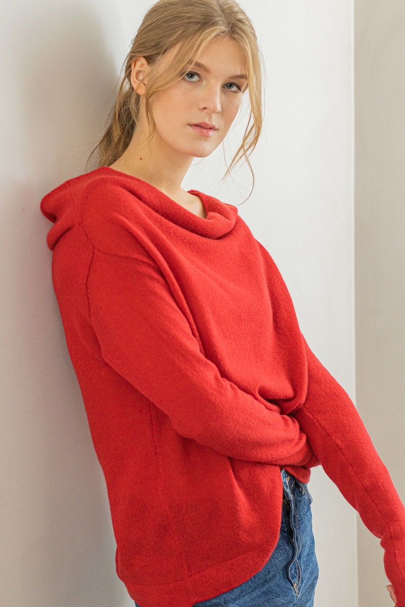 Red Off the Shoulder 100% Cashmere Sweater Cowl Neck Jumper, Drop Shoulder Pullover for Chic Winter Style, Perfect Gift for Her image 5