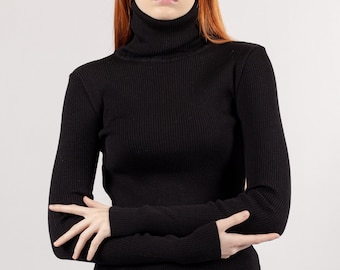READY TO SHIP - S - Merino Wool Turtleneck Sweater, Black Ribbed Knit