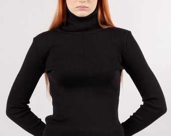 Black Merino Wool Ribbed Turtleneck Sweater, Cozy High-Neck Pullover, Waffle Knit Jumper, Perfect Gift for Her,