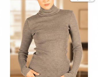 READY TO SHIP - S, M - Ribbed Knit Turtleneck Sweater Women, Grey Merino Wool Pullover, Slim Fit Sweater, Fine Ribbed Jumper