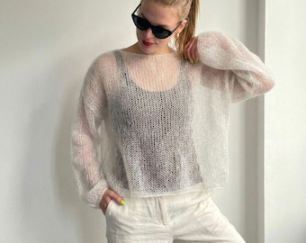 READY TO SHIP - S - Hand Knitted Lightweight Mohair Silk Top, Hand Knit Jumper, Short Sheer Knit Sweater Women, Minimalist Knitwear