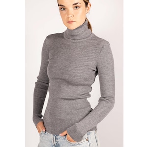 Grey Merino Wool Turtleneck Sweater - Ribbed Knit Pullover (Size S)