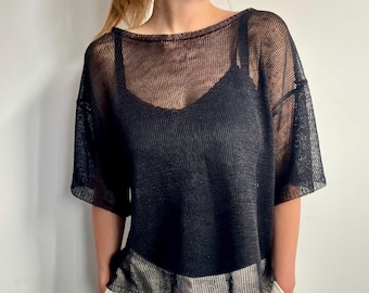 Linen Beach Top Women, Sheer 100% Linen Summer Top, Breathable Hot Weather Top, Minimalist Linen Tee