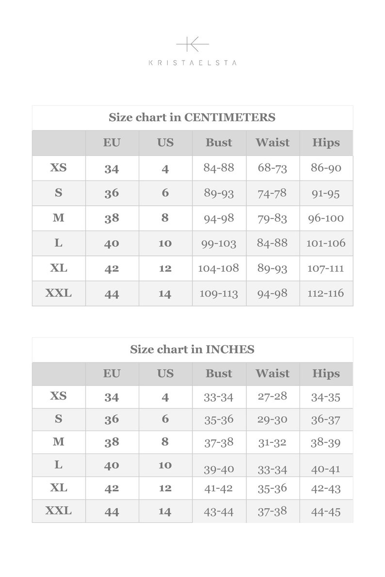 May include: A size chart for KRISTAELSTA featuring two tables with measurements in centimeters and inches. The chart lists sizes from XS to XXL, including corresponding EU and US sizes, with specific ranges for bust, waist, and hip measurements.