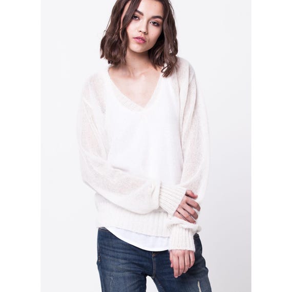 White Sheer Mohair Sweater, V-neck Pullover, Cozy Sheer Knit 