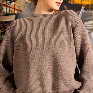 Knitted wool sweater, Women wool sweater, Brown knit woolen jumper, Black crew neck pullover, Knitwear top, Ribbed sweater image 7