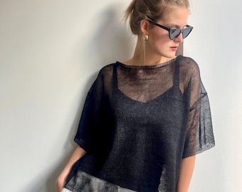 Open Knit Top Black Linen, Sheer Mesh Summer Top Women, Lightweight Beach Layering Top, Handcrafted Linen Knitwear