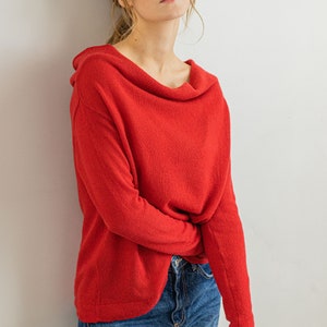 Red Off the Shoulder 100% Cashmere Sweater Cowl Neck Jumper, Drop Shoulder Pullover for Chic Winter Style, Perfect Gift for Her image 4