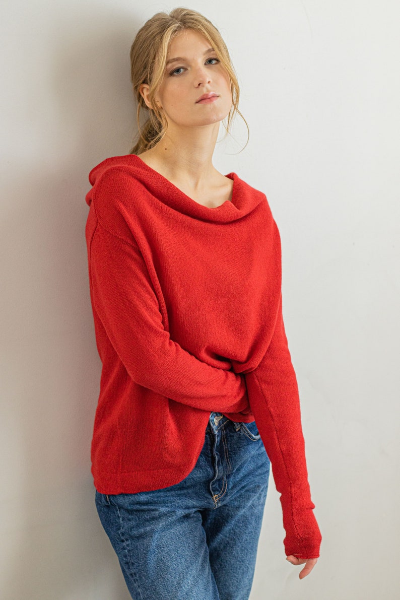 Red Off the Shoulder 100% Cashmere Sweater Cowl Neck Jumper, Drop Shoulder Pullover for Chic Winter Style, Perfect Gift for Her image 4