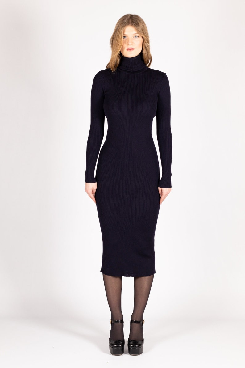 Merino Wool Turtleneck Midi Sweater Dress in Navy – Ribbed Knit, Bodycon Fit, Long Sleeves, Cozy Winter