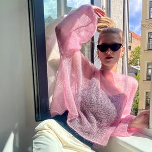 Mohair sweater, Pink silk jumper, Rose mohair sweater pullover, Pastel fluffy knit pullover for women, Mesh sweater cover up shrug top
