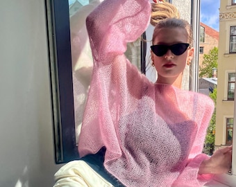 Maglione corto da donna in mohair e seta, top in maglia a rete trasparente, maglione rosa soffice, pullover morbido