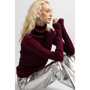 Wool Turtleneck Sweater, Burgundy Wool Turtleneck, Wine Red Merino Knit Top, High Neck Long Sleeve Sweater, Womens Knitted Rollneck Pullover