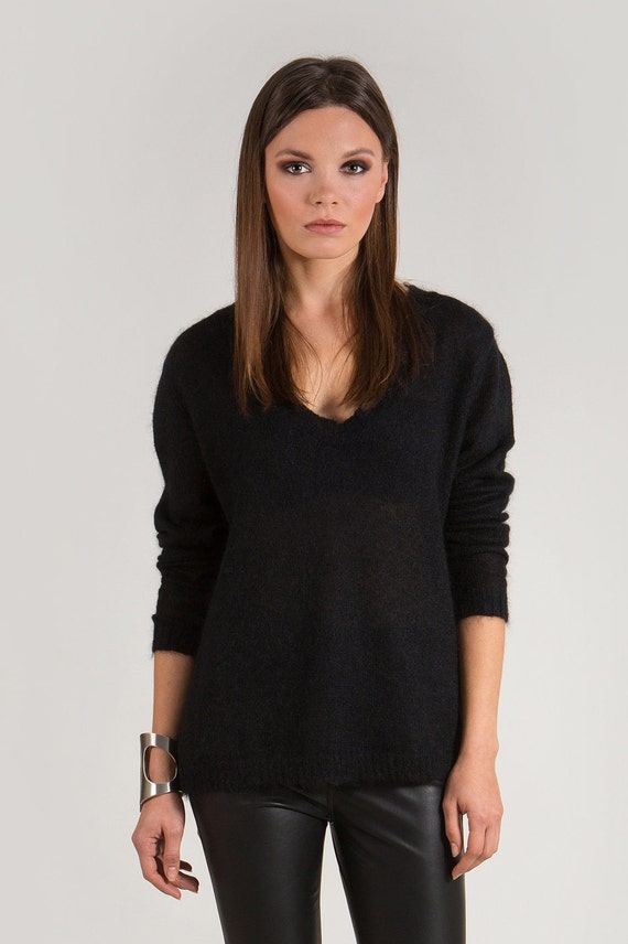 Mohair V Neck Sweater, Black Sweater for Women, Mohair Pullover Jumper, Black V-neck Sweater, Deep Vneck Pullover - Etsy Mohair V Neck Sweater, Black Sweater for Women, Mohair Pullover Jumper, Black V-neck Sweater, Deep Vneck Pullover - Etsy
