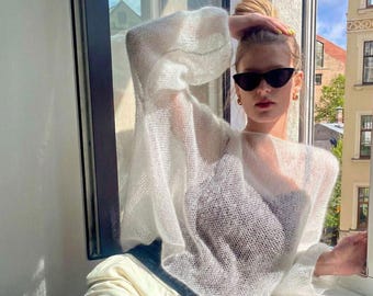 Hand Knitted Lightweight Mohair Silk Top, Hand Knit Jumper, Short Sheer Knit Sweater Women, Minimalist Knitwear