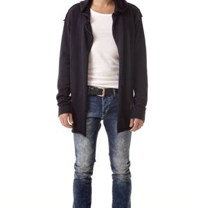 Chunky knit men's cardigan with hood and patch pockets