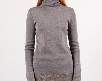 Turtleneck Sweater Women, Fitted Grey Knit Jumper with Thumbholes, Slim Wool Pullover