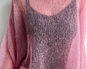 Short Mohair Silk Sweater Women, Mesh Knit Top, Open Sweater, Sheer Pullover