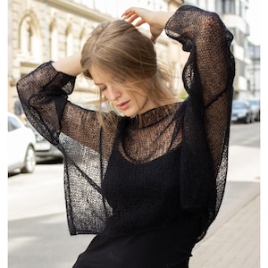Personalized Open Knit Mohair Crop Top: Sheer Black Summer Sweater