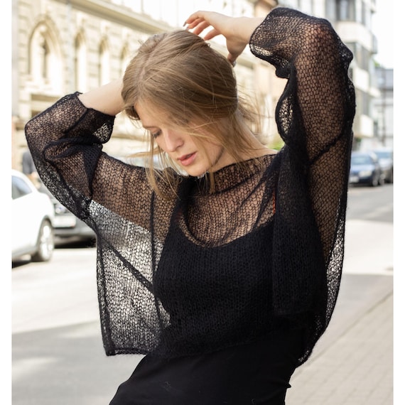 Transparent Top, Sheer Sweater, Black Mohair Shrug, Cropped Bolero