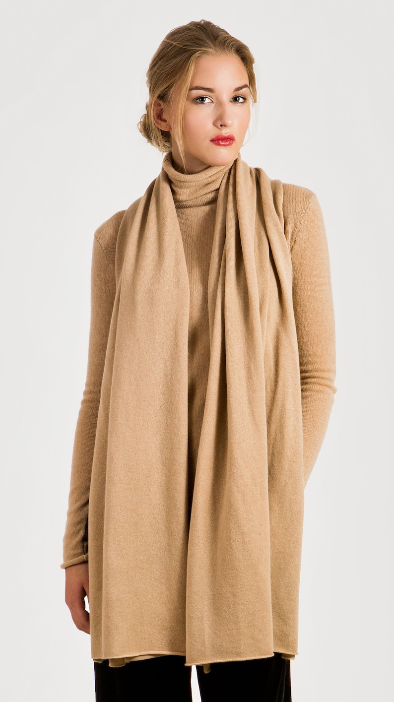 Woman wearing camel cashmere wrap scarf casual outfit