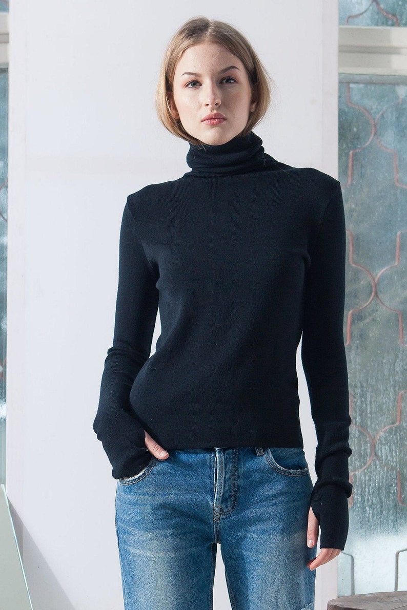 Knitted Wool Sweater, Black Turtleneck Sweater, Black Turtleneck Jumper, Knit Woolen Women Jumper, Black Turtleneck Merino Ladies Top Outfit image 3