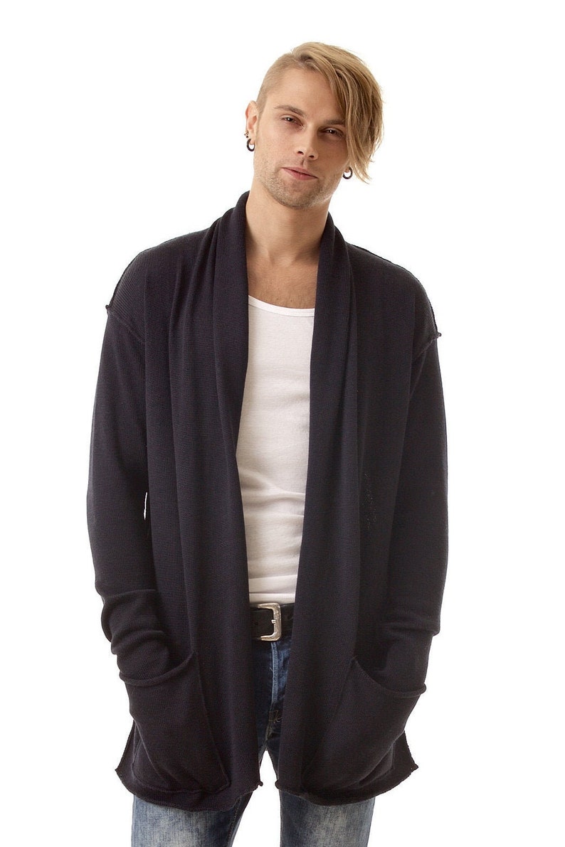 Shawl Cardigan Men, Black Knit Mens Sweater, Shawl Collar Cardigan