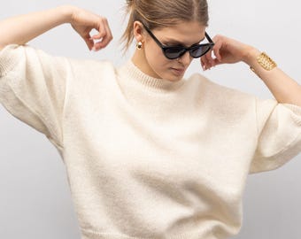 mohair knit sweater, mohair pullover, wool jumper, knitted woolen short sleeve top, womens knitwear cozy