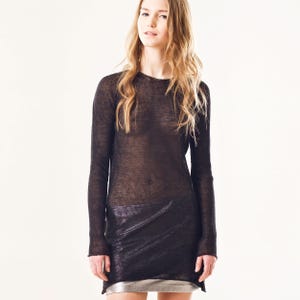 Sheer Black Linen Tunic Dress: Long Sleeve Knit Mini Dress