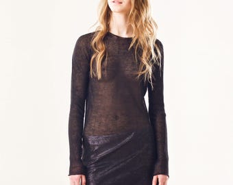 Transparente Leinen Tunika Kleid, Strick Mini Pullover, Schwarz Mesh Cover Up, Langarm Layering Top