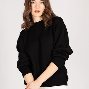 Black Merino Wool Jumper with Pocket – Women’s Knit Sweater, Long Sleeve Crew Neck Pullover, Minimalist Black Knitwear Top