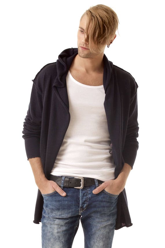 Mens Hooded Cardigan, Black Knit Cardigan Men, Open Front Cardigan, Oversized Knit Jacket, Winter Cardigan
