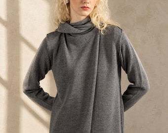 Grey Hooded Cardigan - 100% Merino Wool Knit Jacket, Open Front Sweater