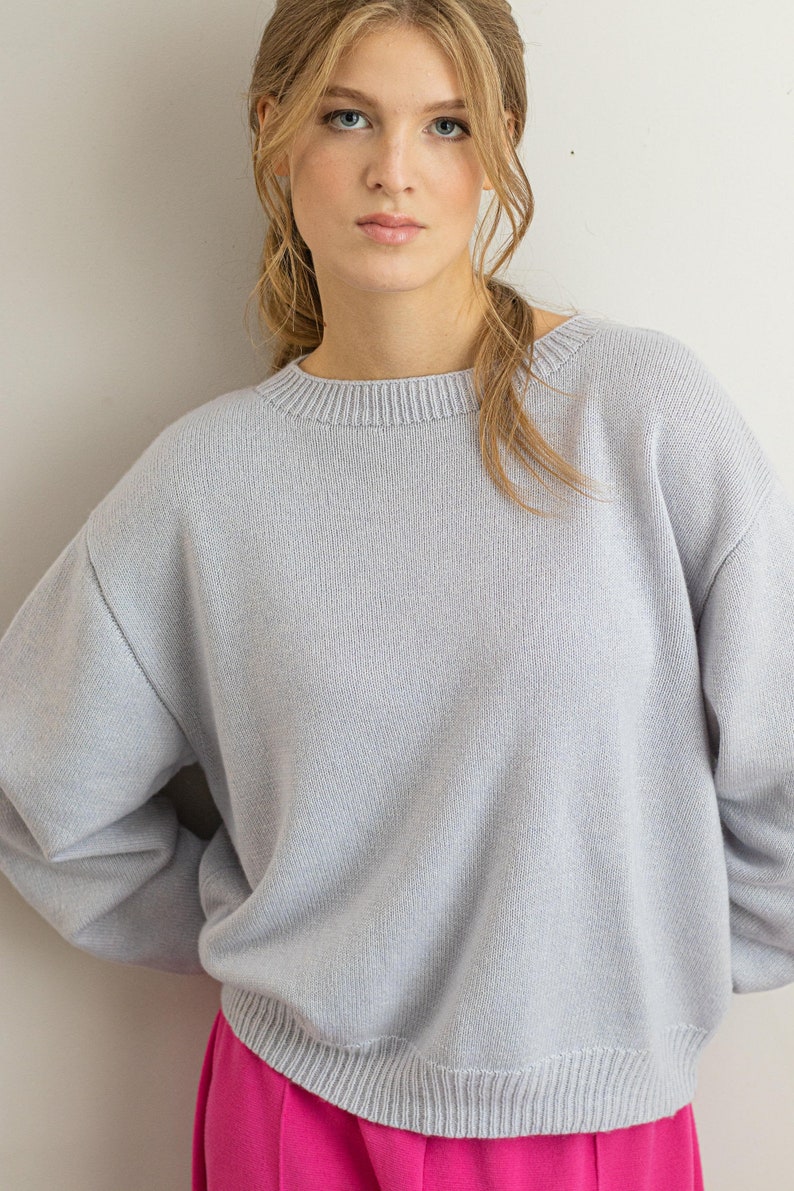 Cashmere Sweater, Knitted Silk Sweater, Pale Blue Jumper, Cashmere Silk Blend Pullover, Summer Wool Jumper, Handcraft Crew Neck Pullover image 3